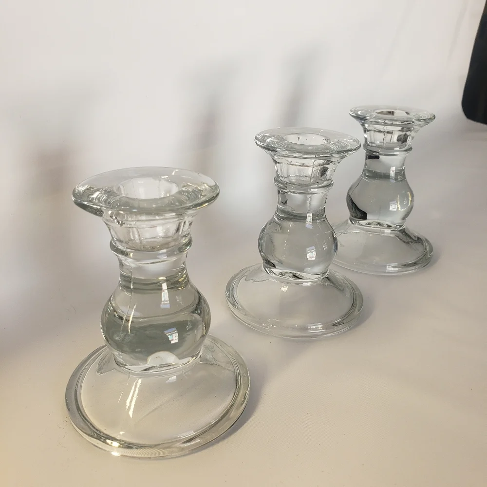 Vintage Leaded Clear Glass Taper Candle Holder Set Of 3